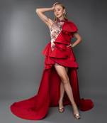 Red Ruffle Structured Trail Gown.