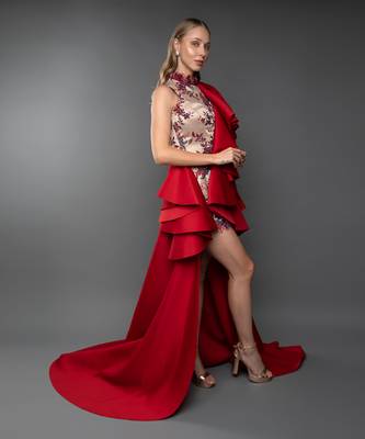Red Ruffle Structured Trail Gown. 2