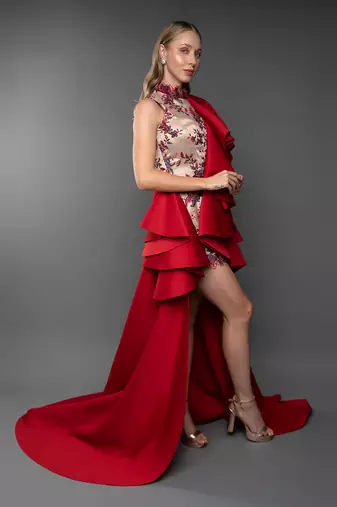 Red Ruffle Structured Trail Gown.