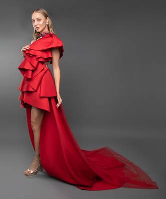 Red Ruffle Structured Trail Gown. 3