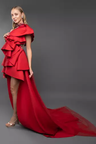 Red Ruffle Structured Trail Gown.