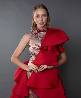 Red Ruffle Structured Trail Gown. 4