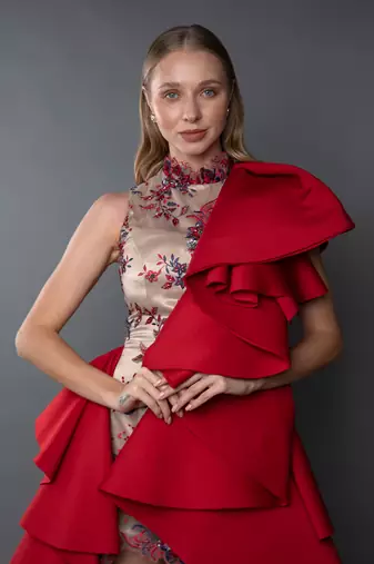 Red Ruffle Structured Trail Gown.