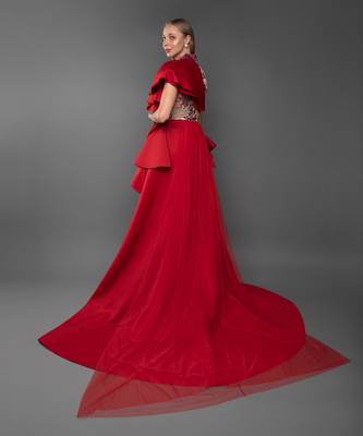Red Ruffle Structured Trail Gown. 5