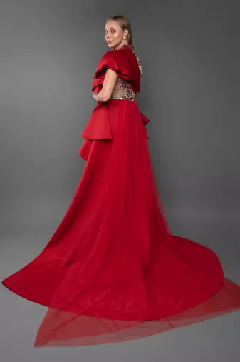 Red Ruffle Structured Trail Gown.