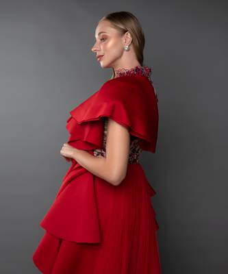 Red Ruffle Structured Trail Gown. 6