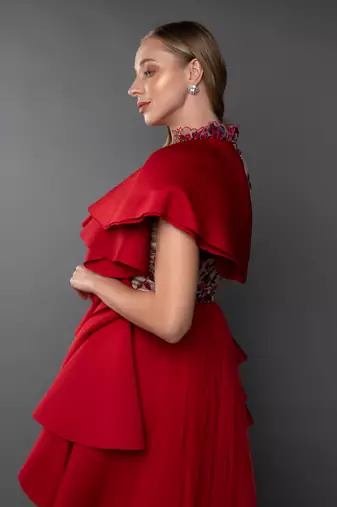 Red Ruffle Structured Trail Gown.