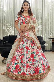 Gorgeous White Zari and Sequins Embroidered Floral Art Silk Lehenga Choli with Dupatta