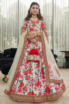 white zari and sequins embroidered floral art silk lehenga set choli with dupatta with dupatta