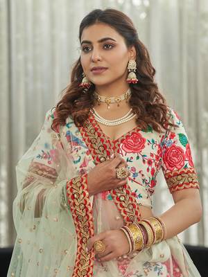 white zari and sequins embroidered floral art silk lehenga set choli with dupatta with dupatta 3