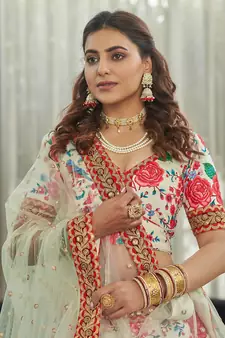 white zari and sequins embroidered floral art silk lehenga set choli with dupatta with dupatta