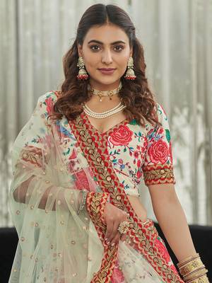 white zari and sequins embroidered floral art silk lehenga set choli with dupatta with dupatta 4