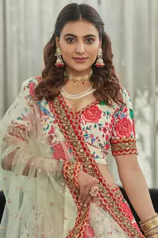 white zari and sequins embroidered floral art silk lehenga set choli with dupatta with dupatta