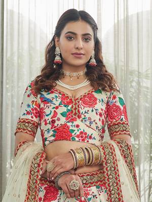 white zari and sequins embroidered floral art silk lehenga set choli with dupatta with dupatta 5
