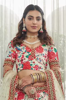 white zari and sequins embroidered floral art silk lehenga set choli with dupatta with dupatta
