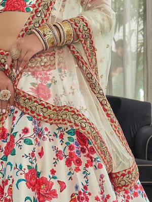 white zari and sequins embroidered floral art silk lehenga set choli with dupatta with dupatta 7