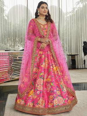 deep pink zari and sequins embroidered floral art silk lehenga set choli with dupatta with dupatta 1