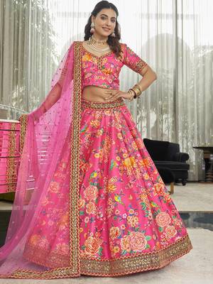 deep pink zari and sequins embroidered floral art silk lehenga set choli with dupatta with dupatta 2