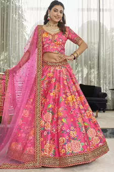 deep pink zari and sequins embroidered floral art silk lehenga set choli with dupatta with dupatta