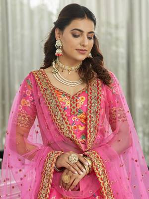 deep pink zari and sequins embroidered floral art silk lehenga set choli with dupatta with dupatta 3