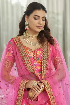 deep pink zari and sequins embroidered floral art silk lehenga set choli with dupatta with dupatta