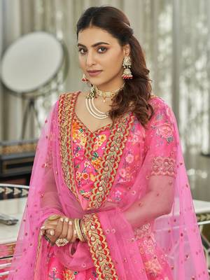 deep pink zari and sequins embroidered floral art silk lehenga set choli with dupatta with dupatta 4