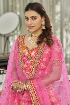 deep pink zari and sequins embroidered floral art silk lehenga set choli with dupatta with dupatta