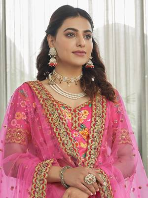 deep pink zari and sequins embroidered floral art silk lehenga set choli with dupatta with dupatta 6