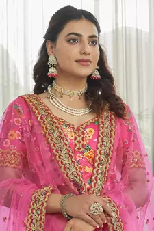 deep pink zari and sequins embroidered floral art silk lehenga set choli with dupatta with dupatta