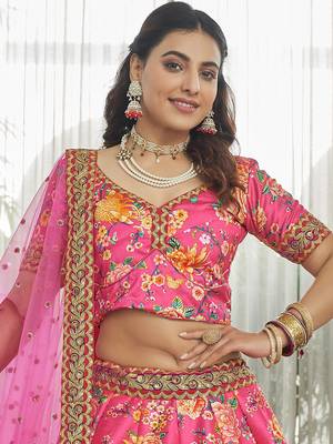 deep pink zari and sequins embroidered floral art silk lehenga set choli with dupatta with dupatta 7
