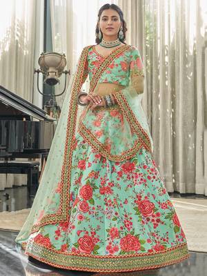 mint green zari and sequins embroidered floral art silk lehenga set choli with dupatta with dupatta 1