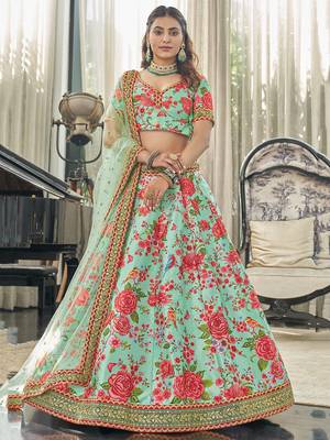 mint green zari and sequins embroidered floral art silk lehenga set choli with dupatta with dupatta 2