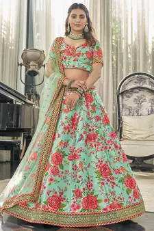 mint green zari and sequins embroidered floral art silk lehenga set choli with dupatta with dupatta