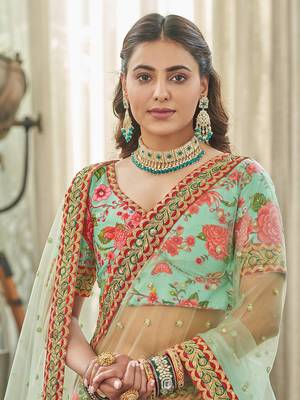 mint green zari and sequins embroidered floral art silk lehenga set choli with dupatta with dupatta 3