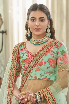 mint green zari and sequins embroidered floral art silk lehenga set choli with dupatta with dupatta
