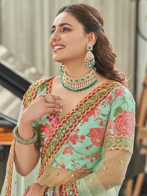 mint green zari and sequins embroidered floral art silk lehenga set choli with dupatta with dupatta 4