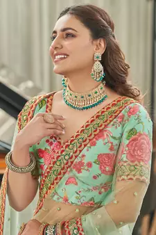 mint green zari and sequins embroidered floral art silk lehenga set choli with dupatta with dupatta