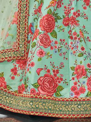 mint green zari and sequins embroidered floral art silk lehenga set choli with dupatta with dupatta 5