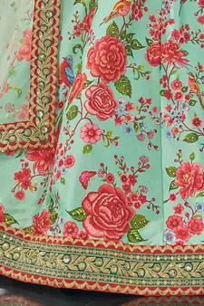 mint green zari and sequins embroidered floral art silk lehenga set choli with dupatta with dupatta