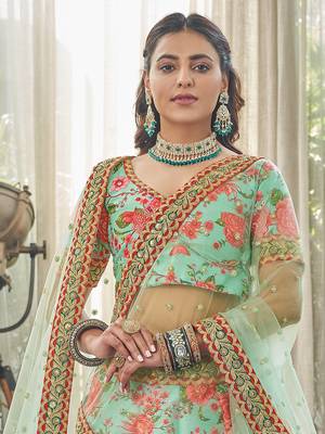 mint green zari and sequins embroidered floral art silk lehenga set choli with dupatta with dupatta 6