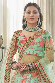 mint green zari and sequins embroidered floral art silk lehenga set choli with dupatta with dupatta