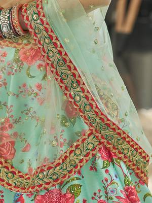 mint green zari and sequins embroidered floral art silk lehenga set choli with dupatta with dupatta 7