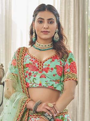 mint green zari and sequins embroidered floral art silk lehenga set choli with dupatta with dupatta 8