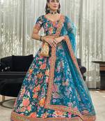 Gorgeous Teal Blue Zari and Sequins Embroidered Floral Art Silk Lehenga Choli with Dupatta