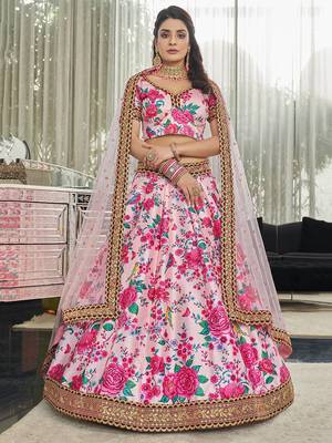 light pink zari and sequins embroidered floral art silk lehenga set choli with dupatta with dupatta 1