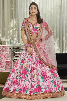 light pink zari and sequins embroidered floral art silk lehenga set choli with dupatta with dupatta