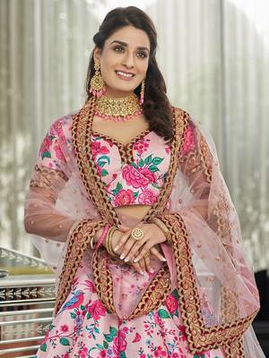 light pink zari and sequins embroidered floral art silk lehenga set choli with dupatta with dupatta 4