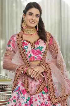light pink zari and sequins embroidered floral art silk lehenga set choli with dupatta with dupatta