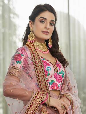 light pink zari and sequins embroidered floral art silk lehenga set choli with dupatta with dupatta 5