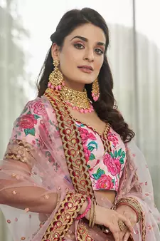 light pink zari and sequins embroidered floral art silk lehenga set choli with dupatta with dupatta